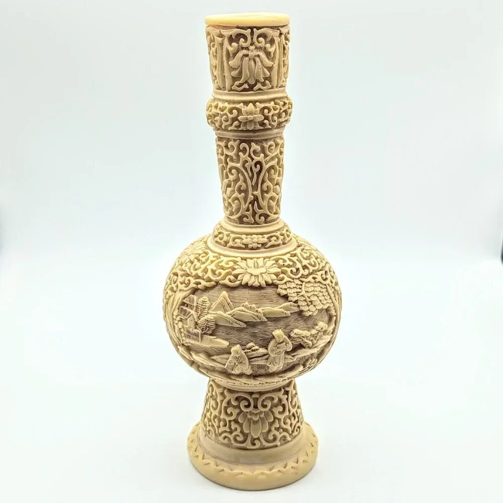Chinese Carved White Cinnabar Tapered Candle Holder Vase